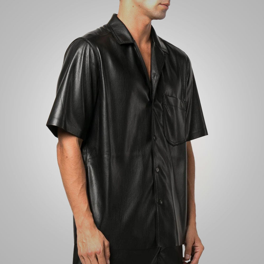 Camisa de cuero "Onyx Silk" para hombre | Piel de oveja de grano fino de primera calidad | Top de moda de lujo genuino de media manga | Prenda de grano completo