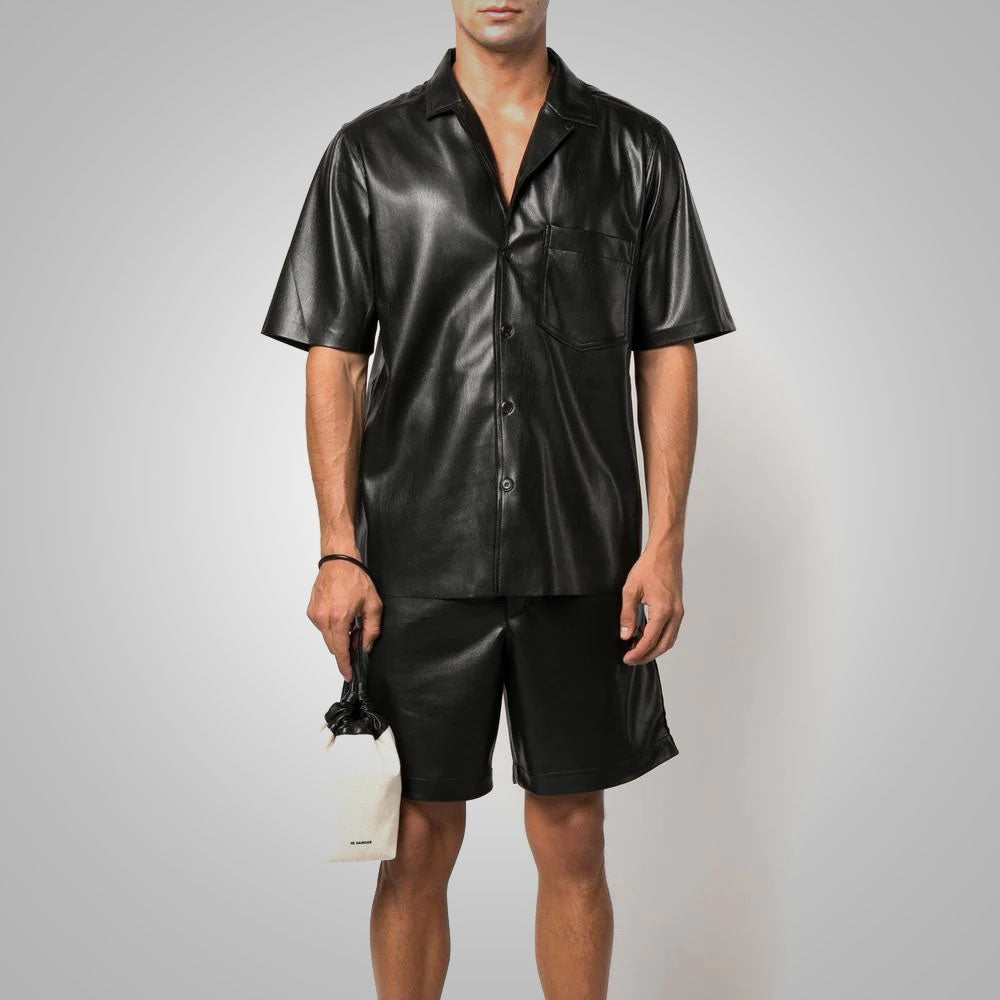 Men’s "Onyx Silk" Leather Shirt | Premium Fine-Grain Sheepskin | Genuine Half-Sleeve Luxury Fashion Top | Full Grain Apparel
