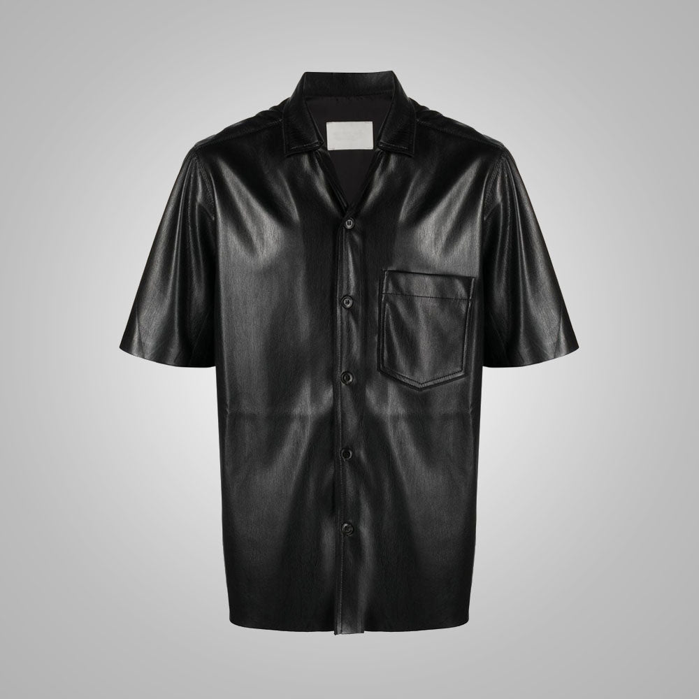 Men’s "Onyx Silk" Leather Shirt | Premium Fine-Grain Sheepskin | Genuine Half-Sleeve Luxury Fashion Top | Full Grain Apparel