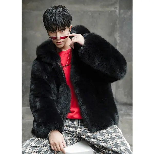 Men’s Black Mink Short Fox Fur Hooded Coat Jacket | Full Grain Apparel