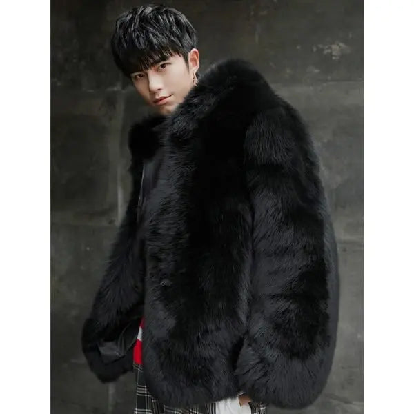 Chaqueta con capucha de piel de visón negro para hombre | Vestuario de piel plena flor