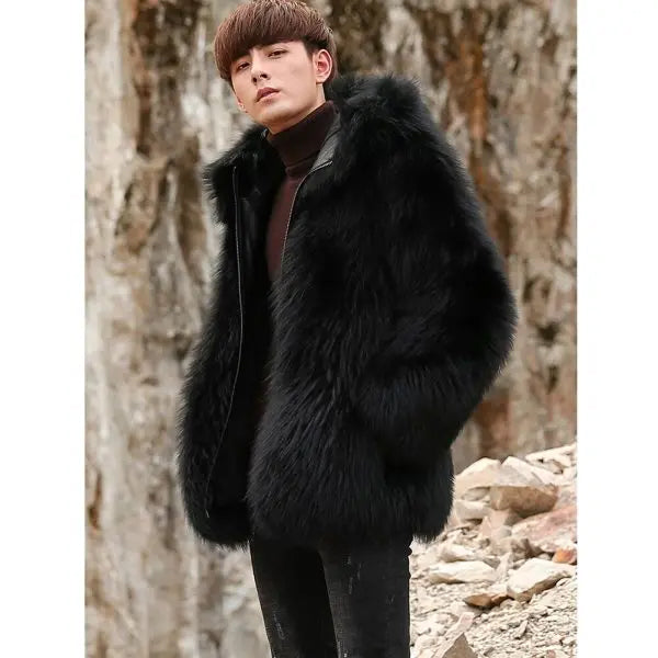 Men’s Black Winter Fox Fur Hooded Short Coat Jacket | Full Grain Apparel