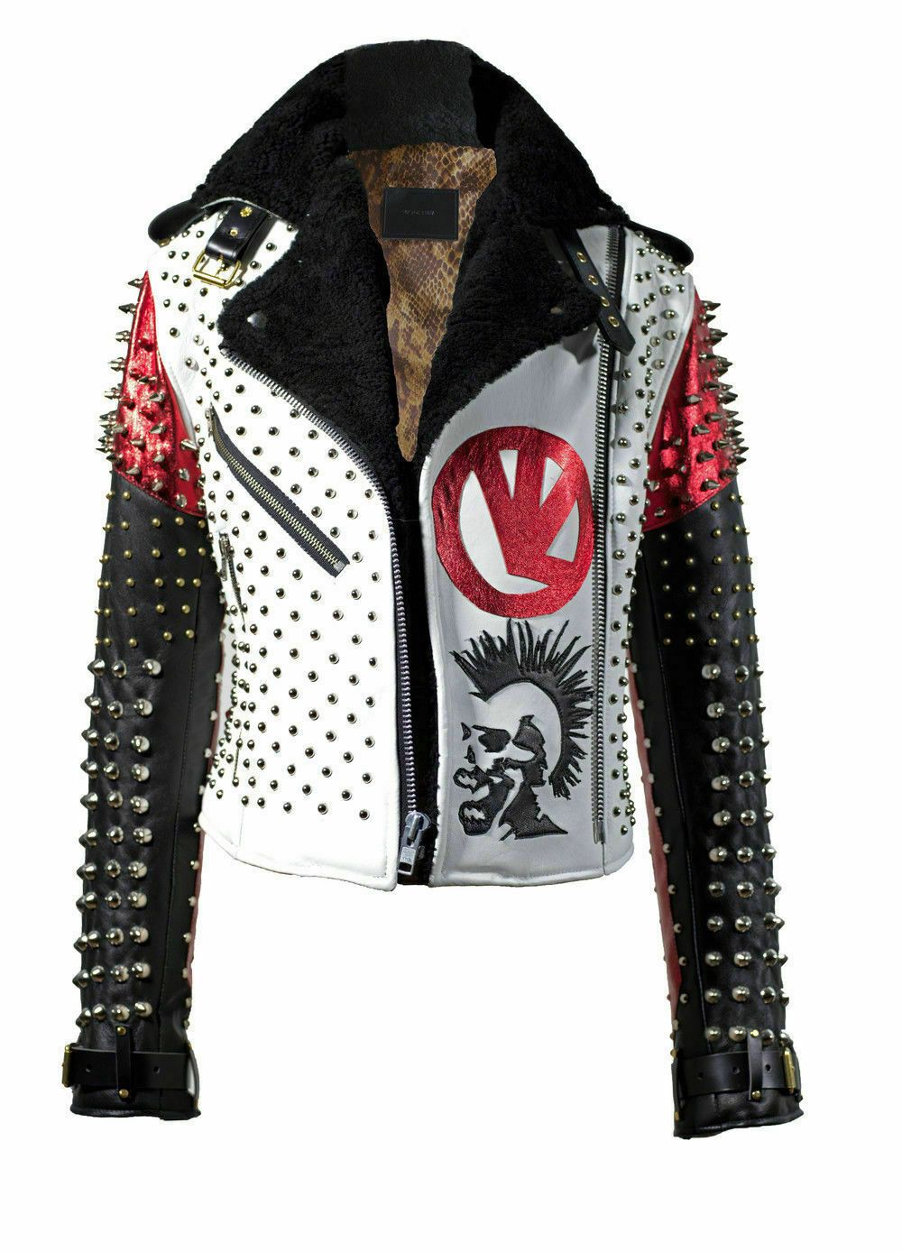 Men’s Victor Luna White & Black Studded Leather Jacket | Rock Punk Style | Full Grain Apparel