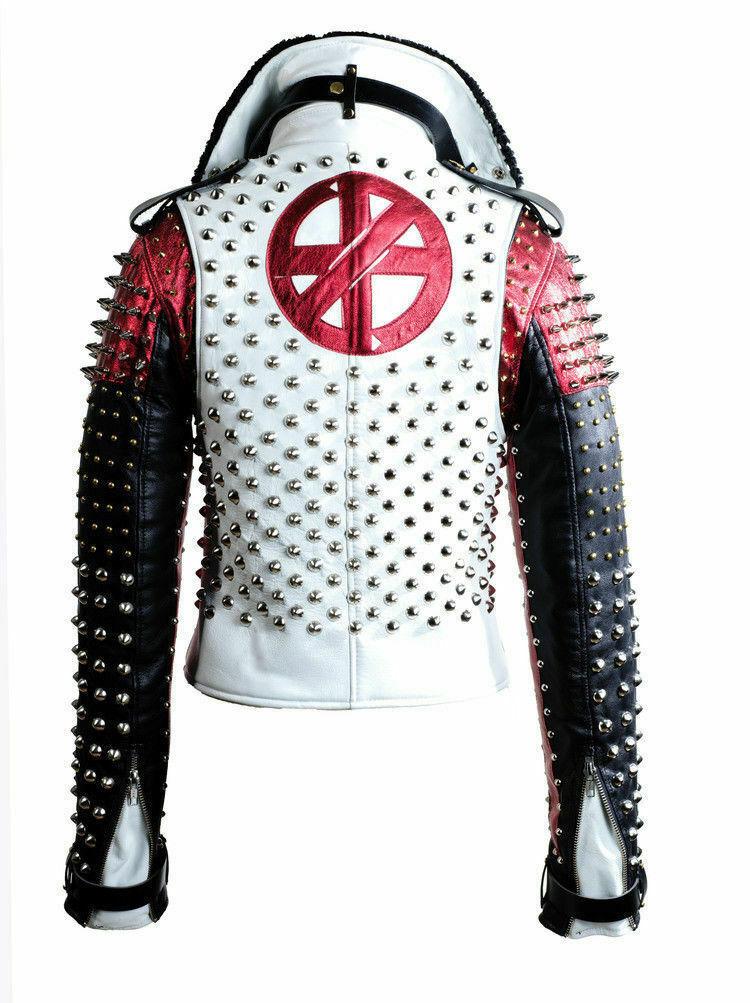 Chaqueta de cuero con tachuelas blanca y negra Victor Luna para hombre | Estilo rock punk | Prenda de cuero de plena flor