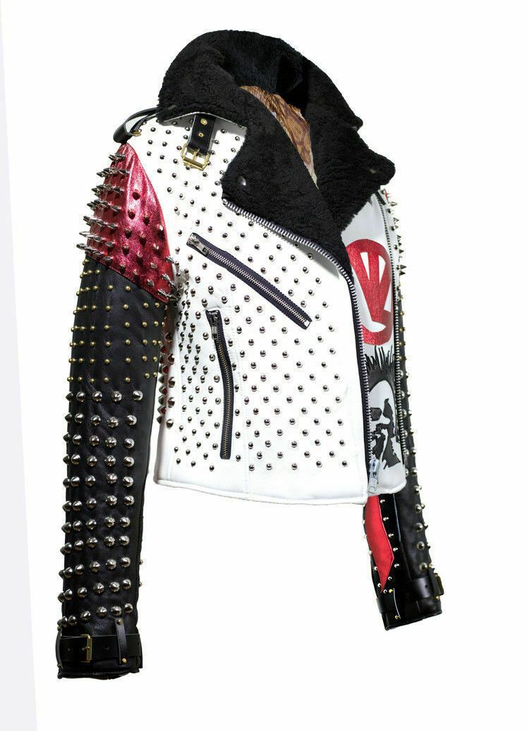Chaqueta de cuero con tachuelas blanca y negra Victor Luna para hombre | Estilo rock punk | Prenda de cuero de plena flor