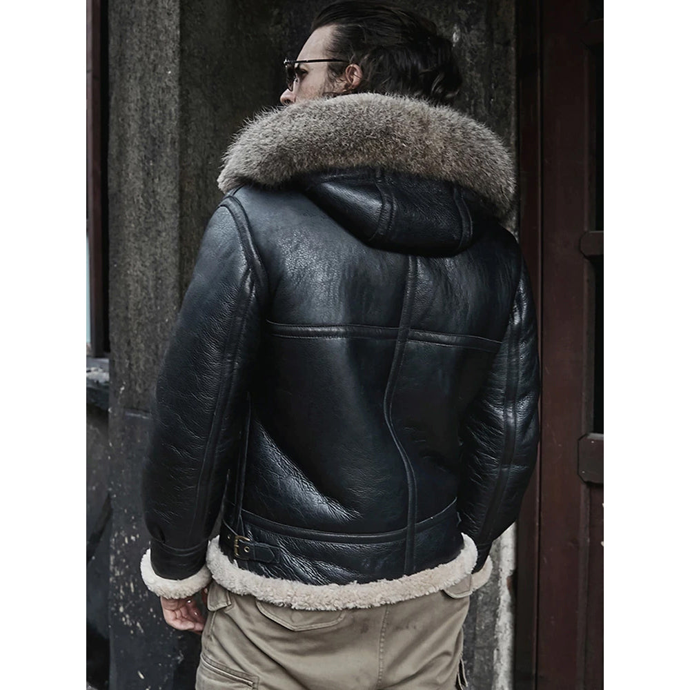 Men’s Hooded RAF Aviator B-3 Sheepskin Black Shearling Jacket - The Arctic Defender | Full Grain Apparel
