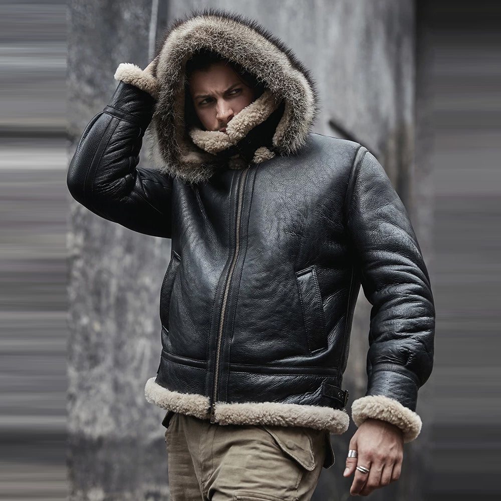 Men’s Hooded RAF Aviator B-3 Sheepskin Black Shearling Jacket - The Arctic Defender | Full Grain Apparel