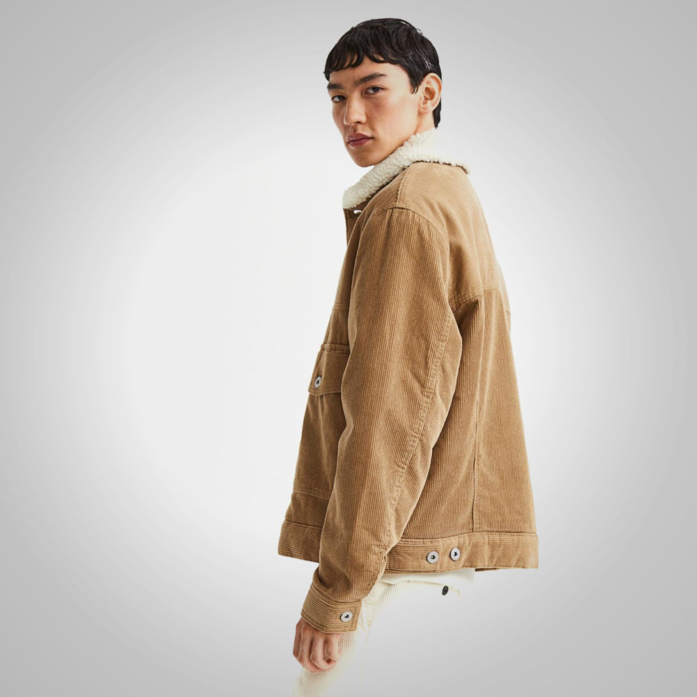 Chaqueta Rancher "Everest-Tan" para hombre | Cordón de pana gruesa de primera calidad color caqui | Cálido forro de imitación de borrego | Prenda de piel de plena flor