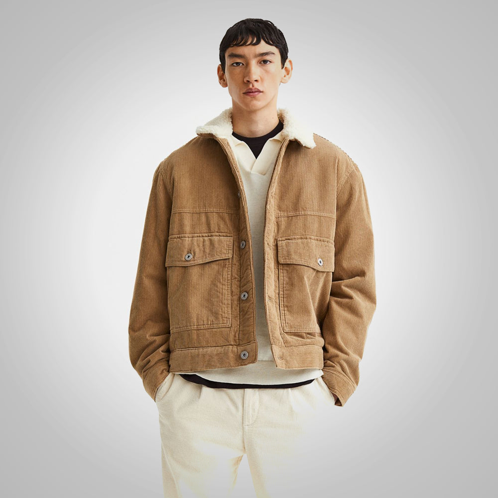 Chaqueta Rancher "Everest-Tan" para hombre | Cordón de pana gruesa de primera calidad color caqui | Cálido forro de imitación de borrego | Prenda de piel de plena flor