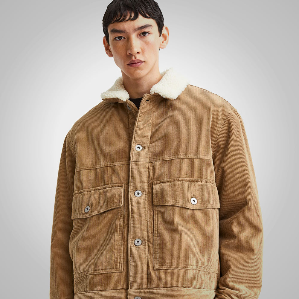 Chaqueta Rancher "Everest-Tan" para hombre | Cordón de pana gruesa de primera calidad color caqui | Cálido forro de imitación de borrego | Prenda de piel de plena flor