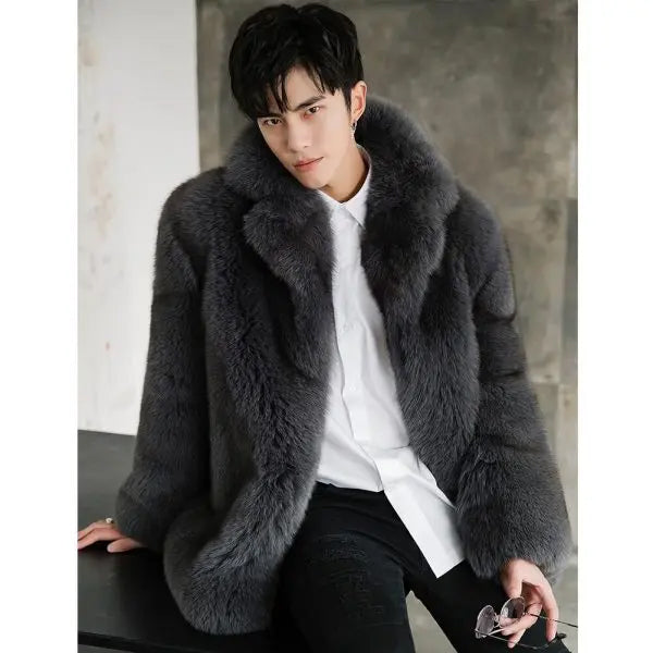 Men’s Luxury Black Winter Fox Fur Hooded Short Coat Jacket | Full Grain Apparel