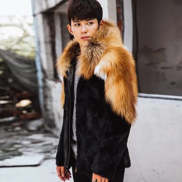 Men’s Luxury Gold Winter Fox Fur and Mink Hooded Jacket | Full Grain Apparel