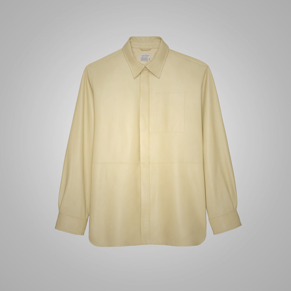 Men’s "Ivory Horizon" Leather Shirt | Premium Off-White Sheepskin | Full-Sleeve Normal Fit Luxury Over-Shirt | Full Grain Apparel