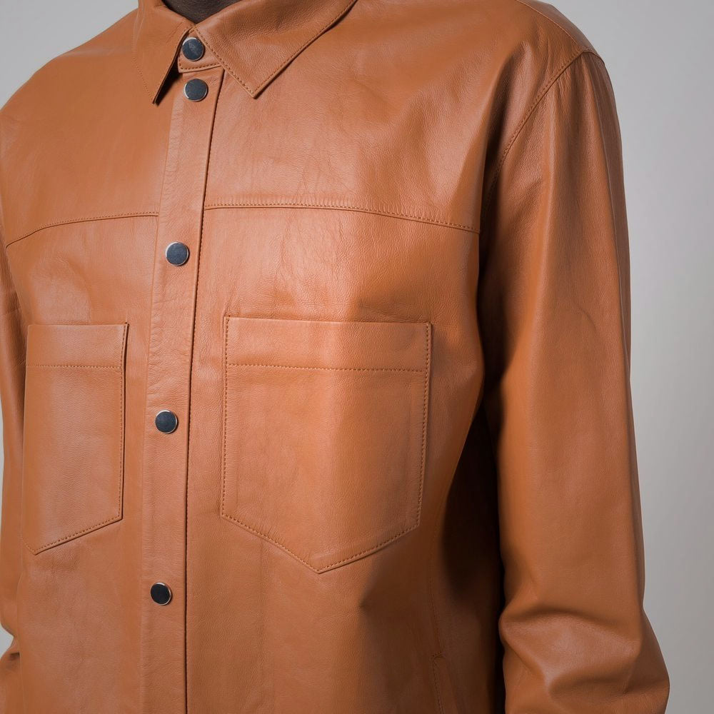 Men’s "Copper-Crest" Leather Shirt | Premium Brown Sheepskin | Genuine Leather Full-Sleeve Snap-Front Shirt | Full Grain Apparel