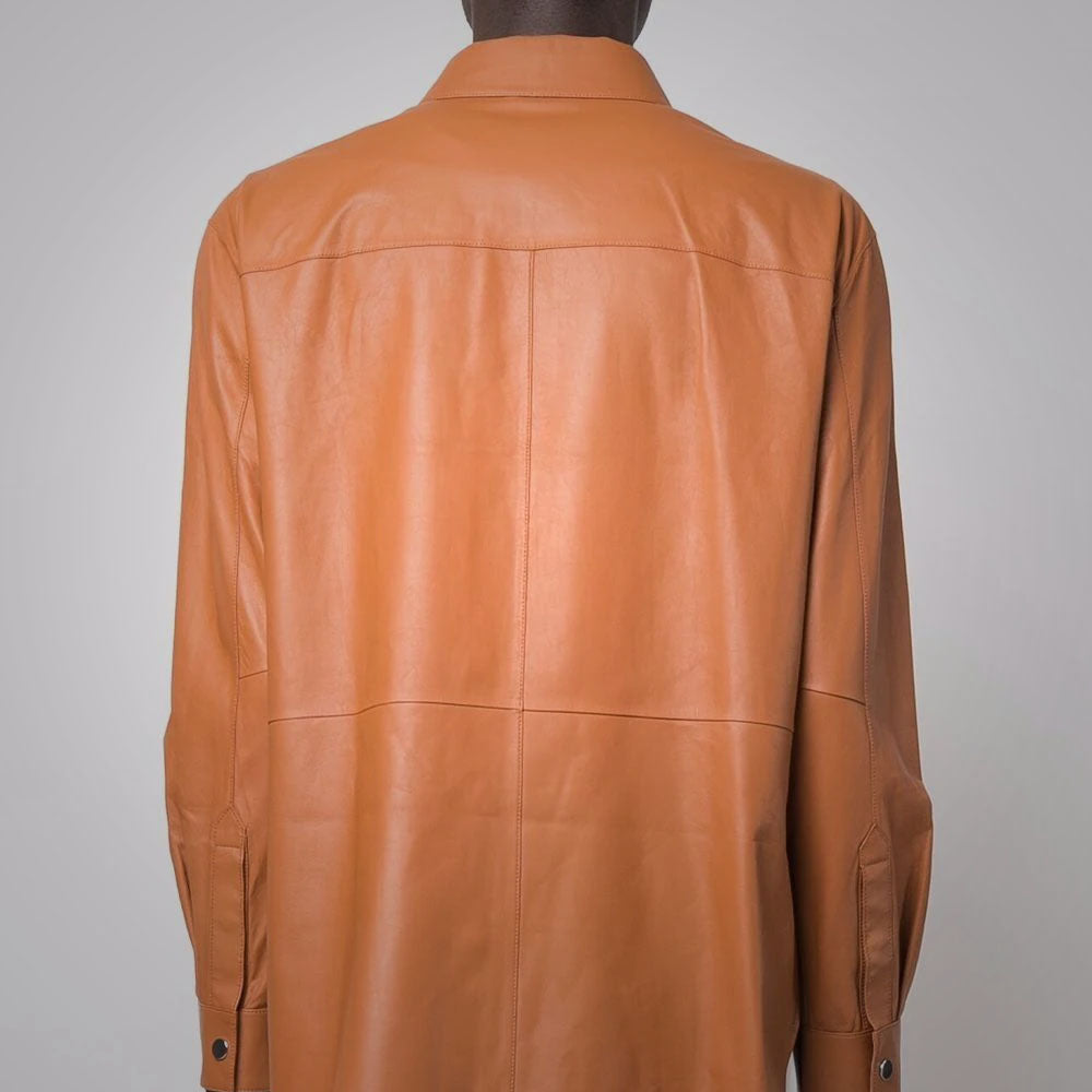 Camisa de cuero "Copper-Crest" para hombre | Piel de oveja marrón de primera calidad | Camisa de cuero genuino de manga larga con broches | Prenda de cuero de grano completo