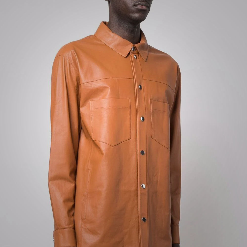 Men’s "Copper-Crest" Leather Shirt | Premium Brown Sheepskin | Genuine Leather Full-Sleeve Snap-Front Shirt | Full Grain Apparel