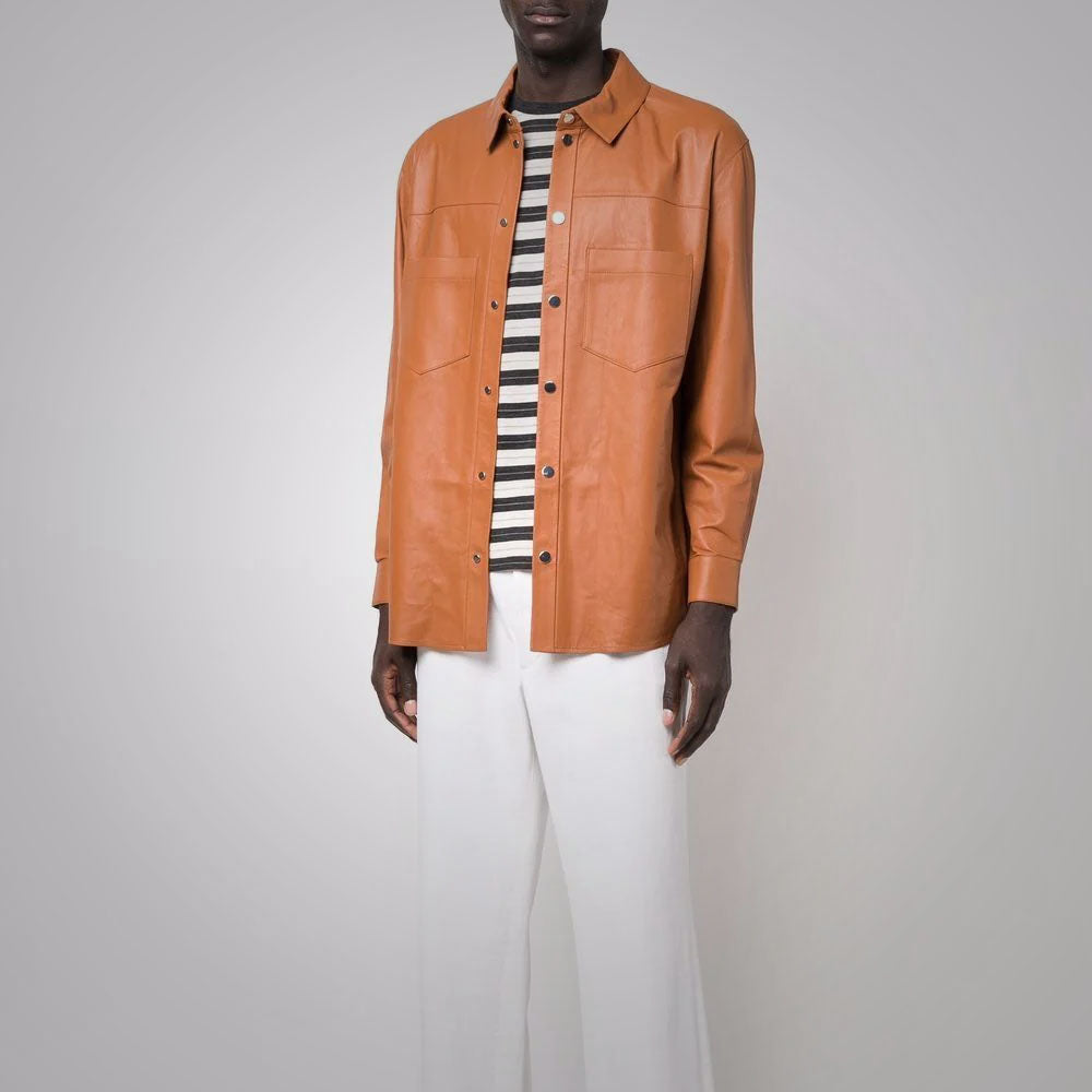Camisa de cuero "Copper-Crest" para hombre | Piel de oveja marrón de primera calidad | Camisa de cuero genuino de manga larga con broches | Prenda de cuero de grano completo
