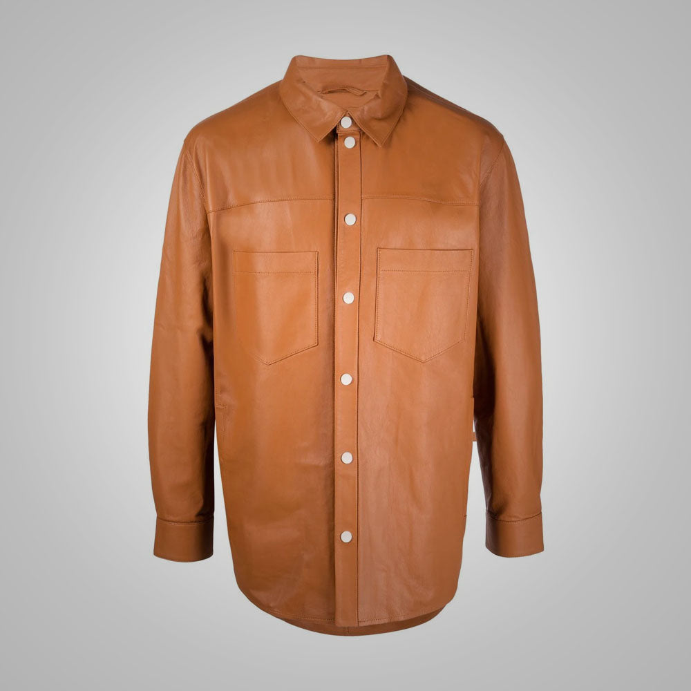 Men’s "Copper-Crest" Leather Shirt | Premium Brown Sheepskin | Genuine Leather Full-Sleeve Snap-Front Shirt | Full Grain Apparel
