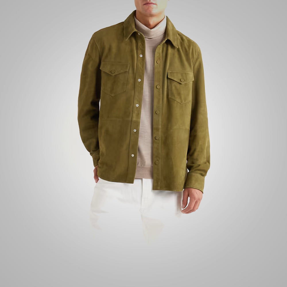 Men’s "Hunter’s Edge" Suede Shirt | Premium Forest Green Calf Suede | Luxury Full-Sleeve Western Over-Shirt | Full Grain Apparel