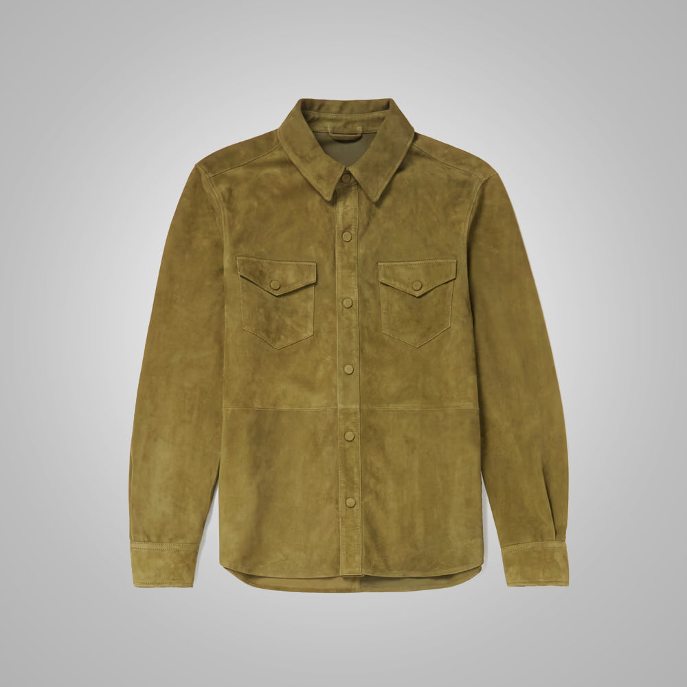 Men’s "Hunter’s Edge" Suede Shirt | Premium Forest Green Calf Suede | Luxury Full-Sleeve Western Over-Shirt | Full Grain Apparel