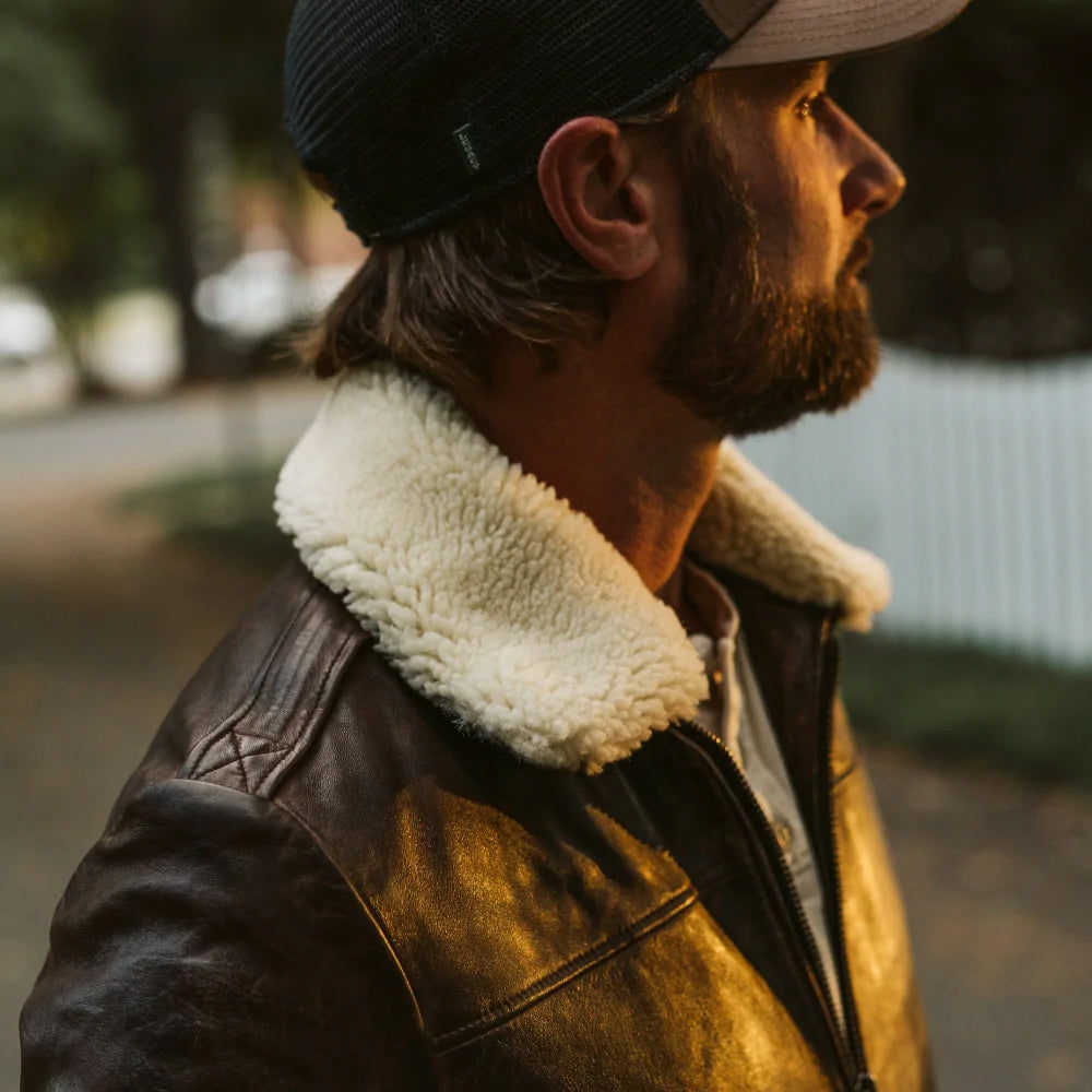 Men’s "Sky-Captain" A2 Shearling Bomber | Vintage Brown Lambskin Flight Jacket with Removable Wool Collar | Full Grain Apparel