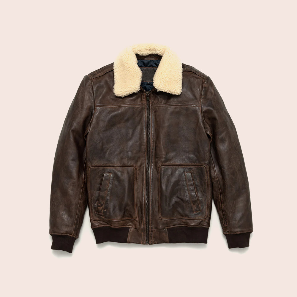 Men’s "Sky-Captain" A2 Shearling Bomber | Vintage Brown Lambskin Flight Jacket with Removable Wool Collar | Full Grain Apparel