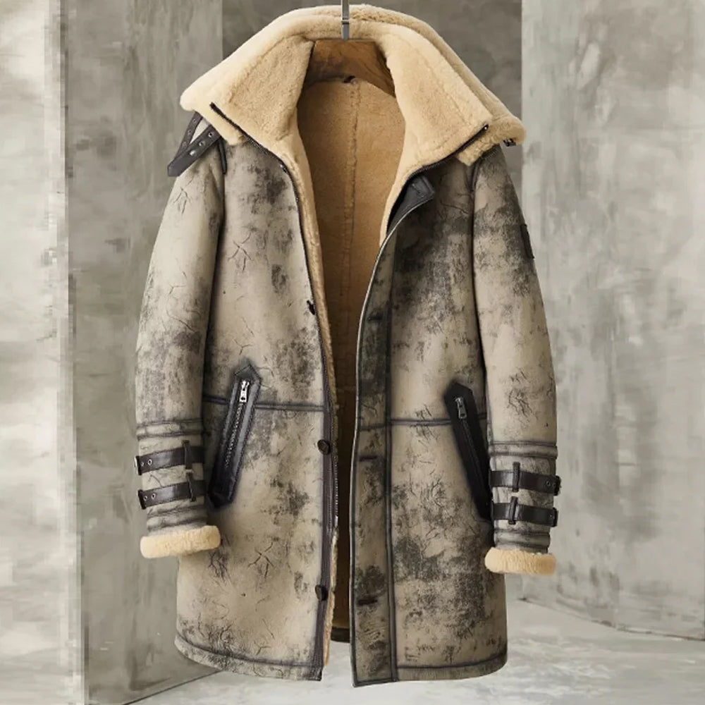 Men’s Waxed B3 RAF Flying Long Jacket | Double Collar Double-Faced Sheepskin Shearling Coat | Full Grain Apparel