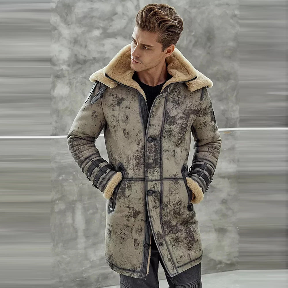 Men’s Waxed B3 RAF Flying Long Jacket | Double Collar Double-Faced Sheepskin Shearling Coat | Full Grain Apparel