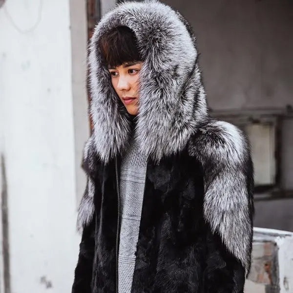 Chaqueta de abrigo de piel con capucha de zorro y visón de invierno para hombre | Prendas de vestir de plena flor