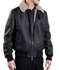 Men’s Aviator Bomber Black Leather Jacket | Rugged Tactical Command | Full Grain Apparel