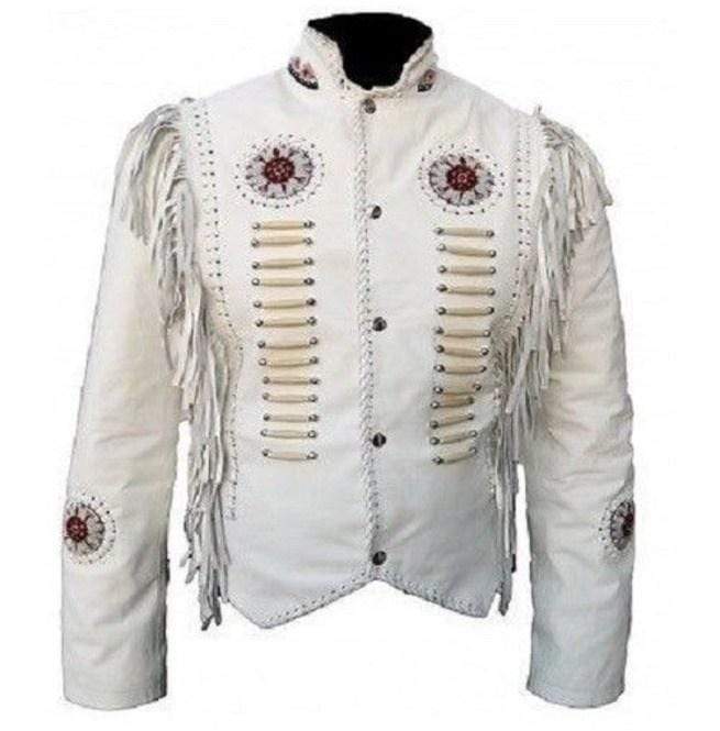 Men's White Western Leather Fringe Jacket | Full Grain Apparel