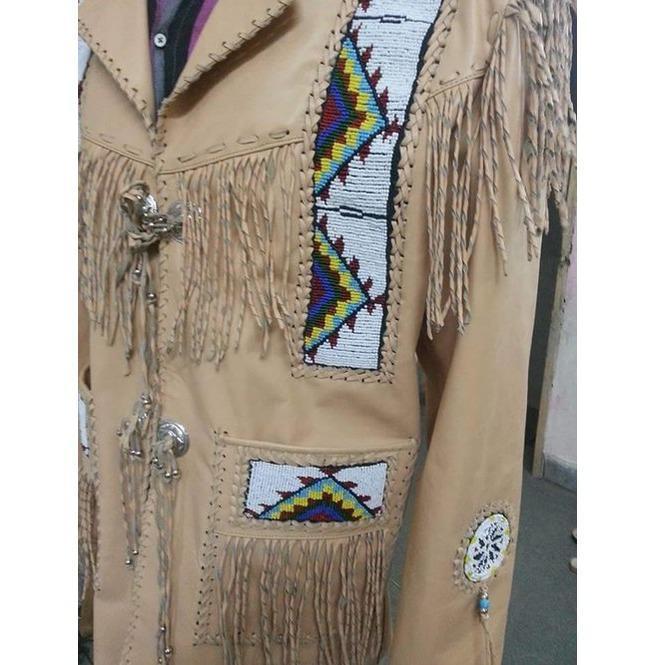 Men's Beige Leather Western Fringe Jacket | Full Grain Apparel