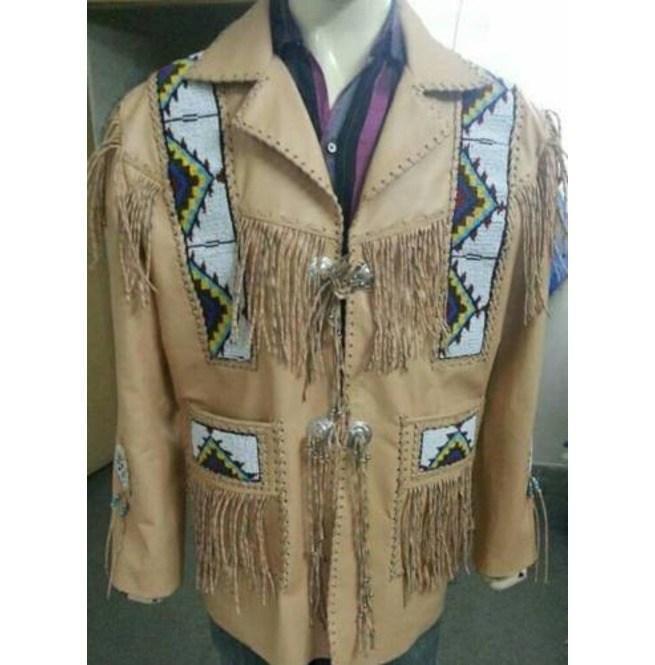 Men's Beige Leather Western Fringe Jacket | Full Grain Apparel