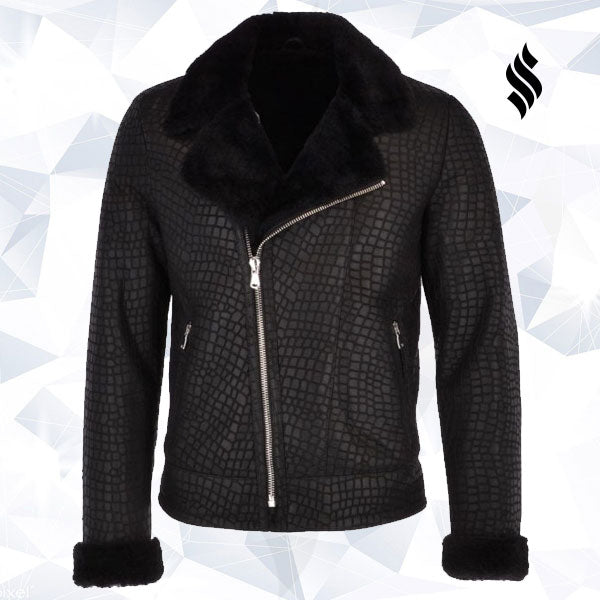 The "Theon" Black Crocodile-Print Sheepskin Coat | Full Grain Apparel