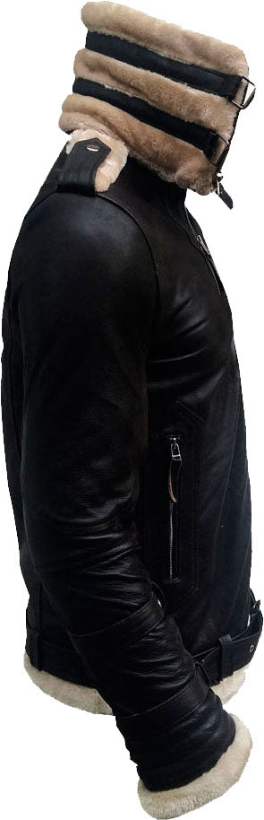 Men’s Double Collar Leather Jacket with Fur | Rugged Tactical Authority | Full Grain Apparel