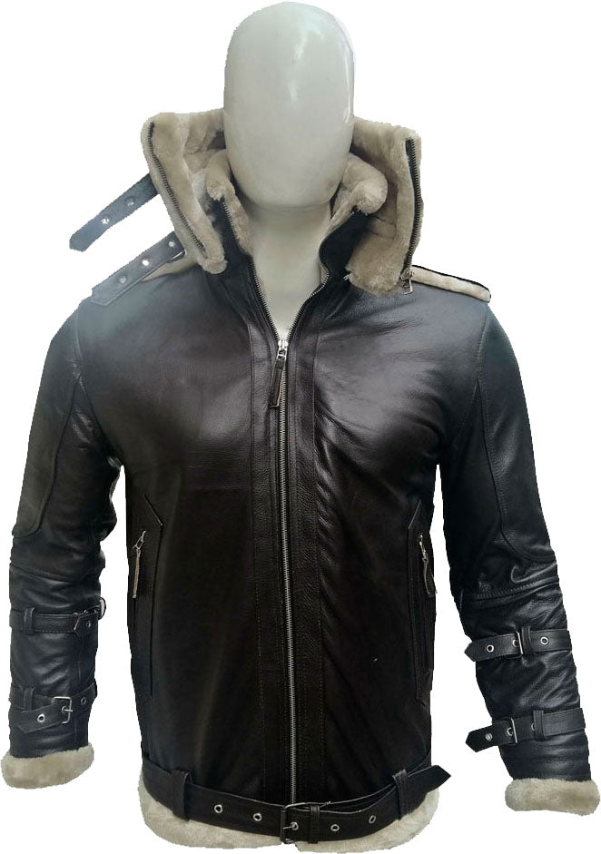 Men’s Double Collar Leather Jacket with Fur | Rugged Tactical Authority | Full Grain Apparel