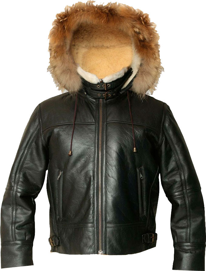 Men’s Hooded Flight Bomber Leather Jacket with Fur | Rugged Tactical Versatility | Full Grain Apparel
