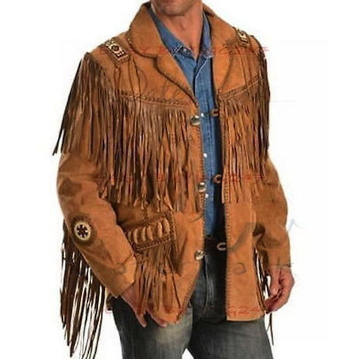 Chaqueta vaquera para hombre de ante color canela con flecos | Prenda de piel de grano completo