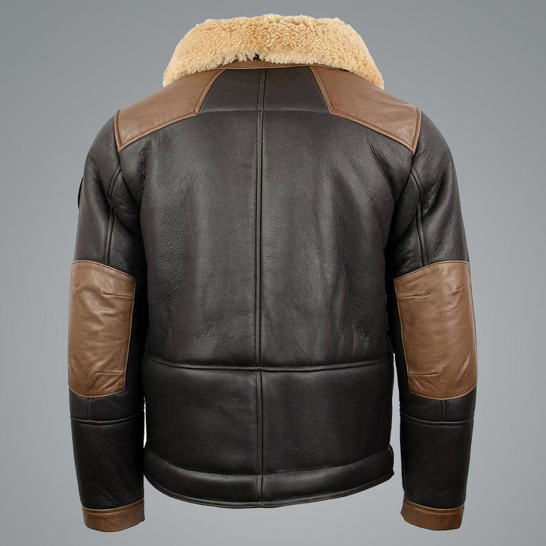Men’s Sheepskin Chocolate Black Bomber Jacket | Rugged Dual-Tone Command | Full Grain Apparel