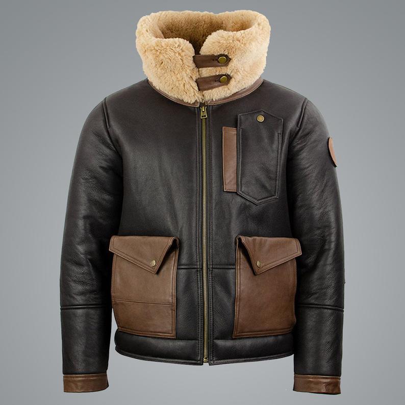Men’s Sheepskin Chocolate Black Bomber Jacket | Rugged Dual-Tone Command | Full Grain Apparel