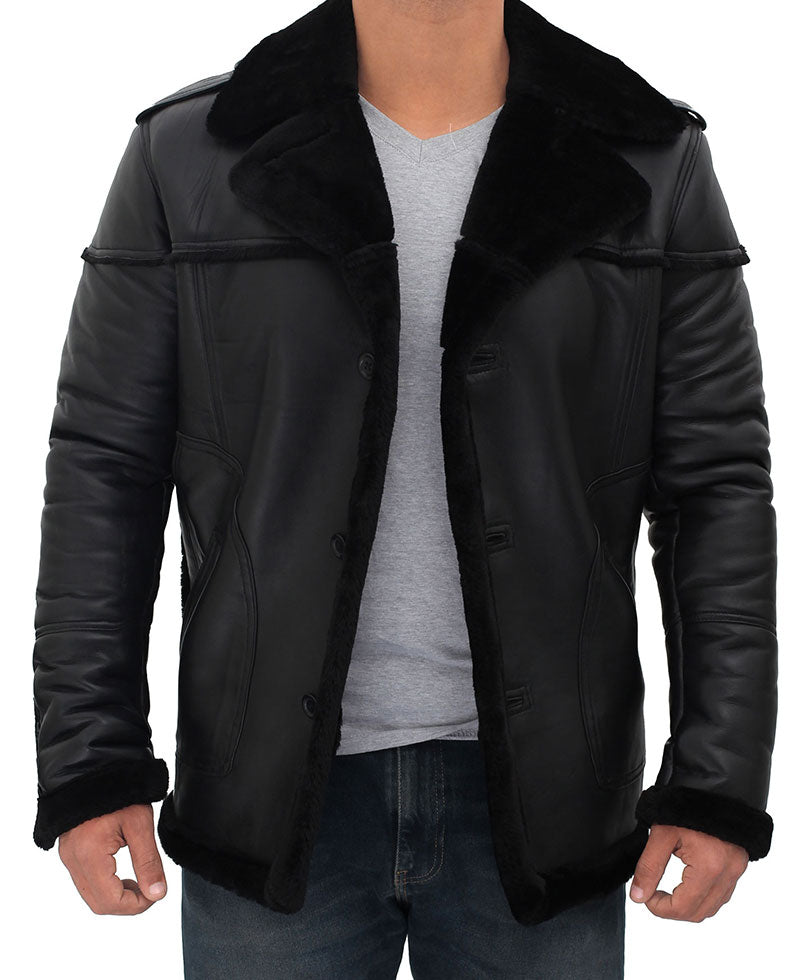 Men’s Black Shearling Leather Winter Jacket | Full Grain Apparel