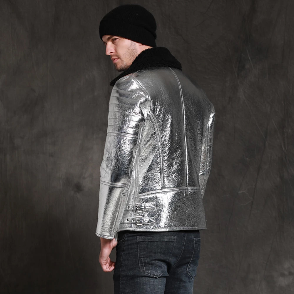 Chaqueta de aviador de piel de oveja "Plata Brillante" para hombre - La Edición Cromada de Gran Altura | Full Grain Apparel