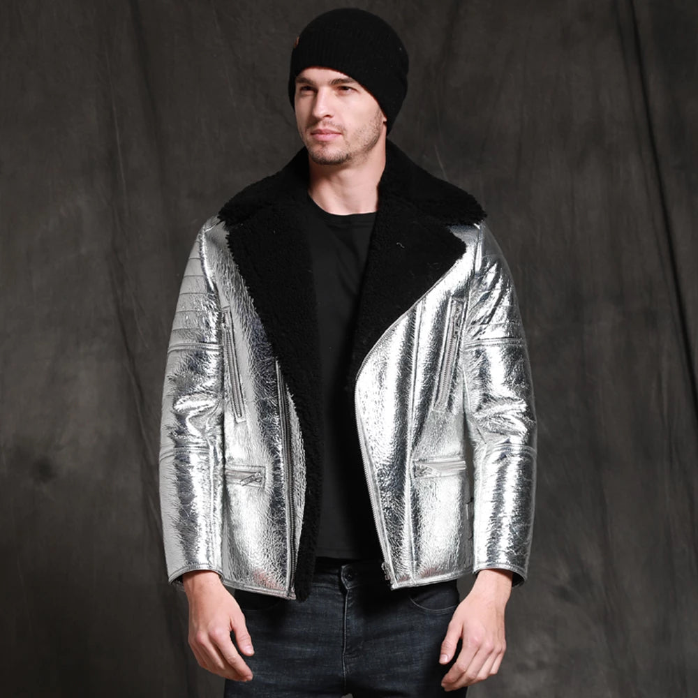 Men’s Aircraft Pilot "Shiny Silver" Sheepskin Shearling Jacket - The High-Altitude Chrome Edition | Full Grain Apparel