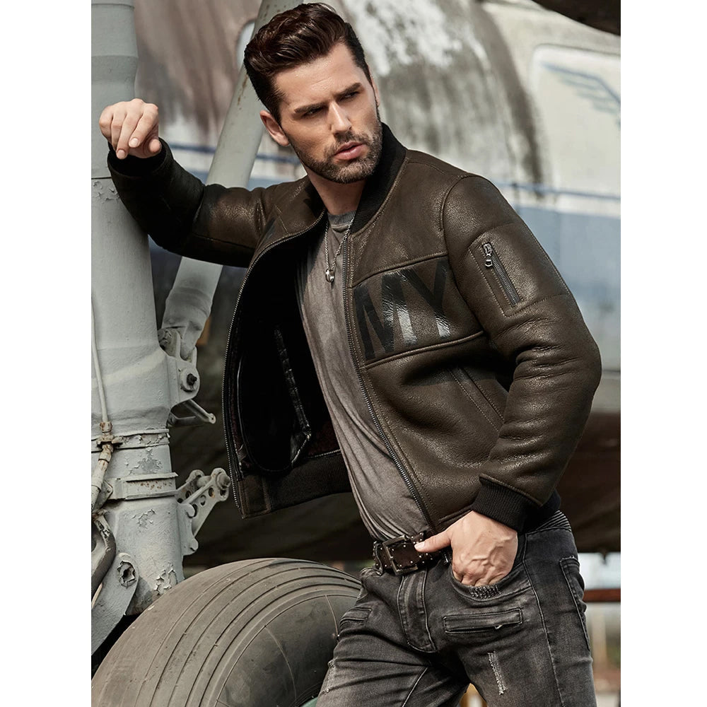 Men’s Army Green B-3 Flight Sheepskin Motorcycle Leather Jacket - The Tactical Aviator | Full Grain Apparel
