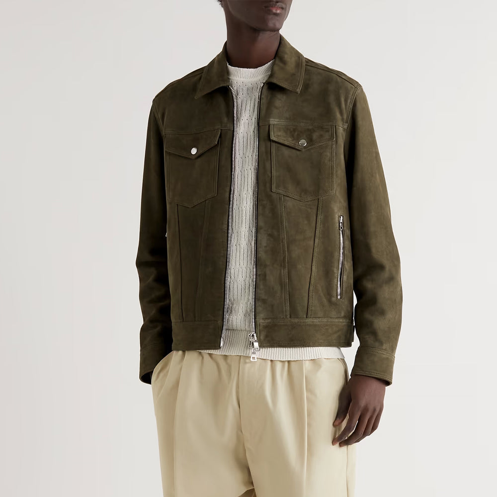 Men’s "tactical Forest" Suede Trucker | Premium Olive Army Green | Heavy-Duty Calf Suede | Full Grain Apparel