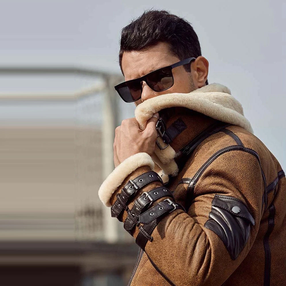 Chaqueta Aviador RAF B-3 Marrón de Piel de Oveja de Doble Cuello para Hombre - El Escudo Ártico Definitivo | Ropa de Piel Genuina