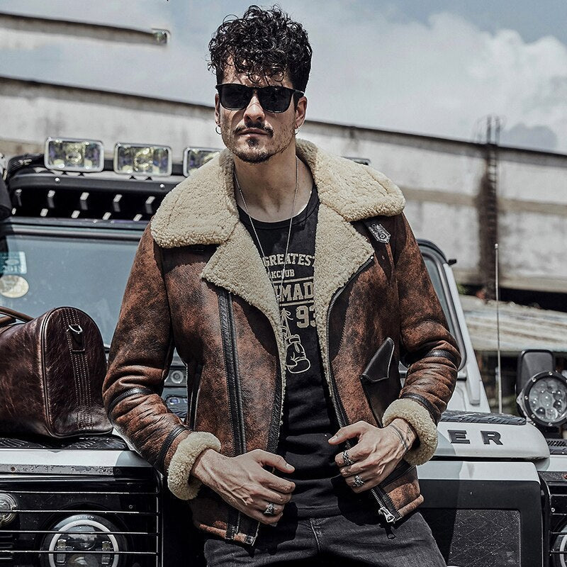Men’s B3 RAF Waxed Brown Flying Aviator Jacket | Premium Waxed Sheepskin Shearling Coat | Full Grain Apparel