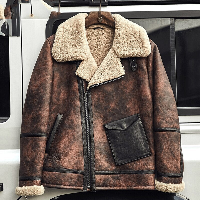 Men’s B3 RAF Waxed Brown Flying Aviator Jacket | Premium Waxed Sheepskin Shearling Coat | Full Grain Apparel