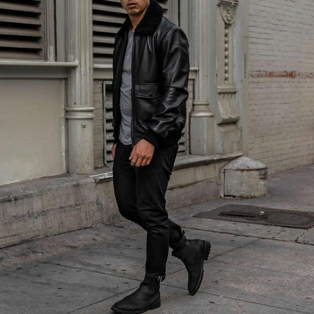 Men’s "Shadow Aviator" G-1 Flight Jacket | Black Premium Sheepskin Bomber with Shearling Collar | Full Grain Apparel