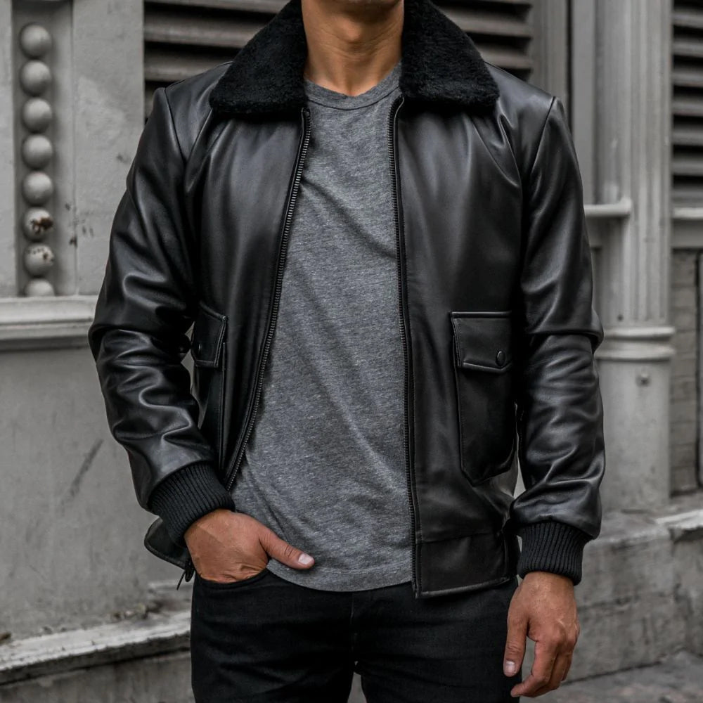 Men’s "Shadow Aviator" G-1 Flight Jacket | Black Premium Sheepskin Bomber with Shearling Collar | Full Grain Apparel